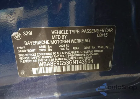 2016 BMW 328I z USA, uszkodzony, nr VIN WBA8E9G53GNT43504